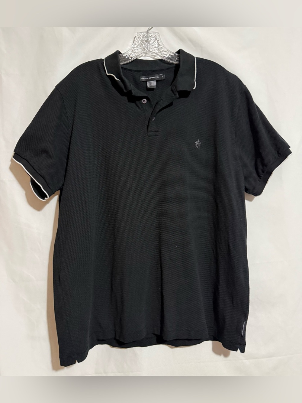 French Connection Men’s Black Solid Knit Polo Shirt XL Short Sleeve Cotton Trim